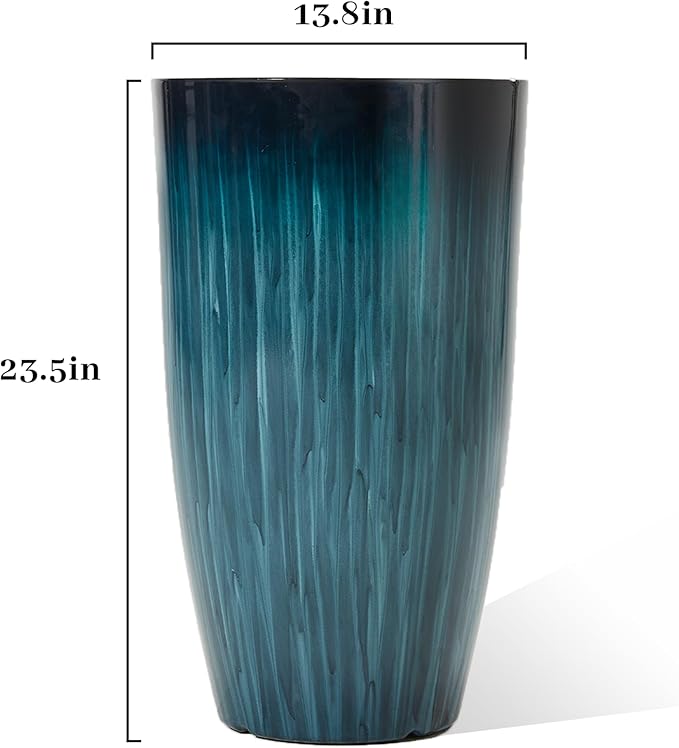 KOL 2-Pack 23.5" Plastic Planters, Gradient Blue Glossy Large Tall Plant Pots, Lightweight Decorative Flower Containers with Drainage Hole & Dual-Purpose Saucer – Indoor & Outdoor Use Front Porch-Ruum Studio Home