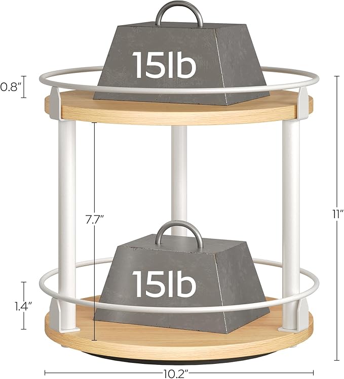 Lazy Susan Organizer, Rotating Spice Rack, 2 Tier Spice Turntable Organizer, Industrial Turntable Spice Holder, for Kitchen Countertop, Compact and Versatile, White and Natural SR22WN-Ruum Studio Home