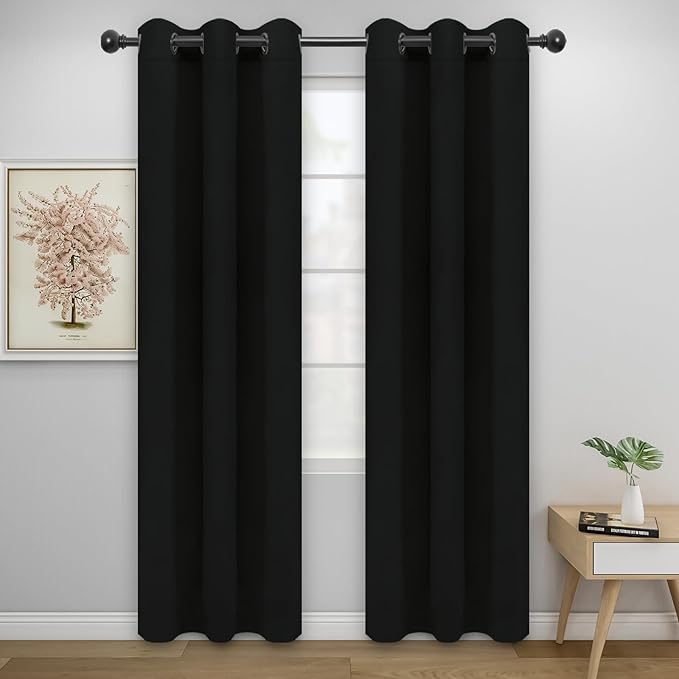 Easy-Going Blackout Curtains for Bedroom, Solid Thermal Insulated Grommet and Noise Reduction Window Drapes, Room Darkening Curtains for Living Room, 2 Panels (34x72 in, Black)-Ruum Studio Home