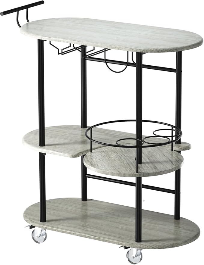 Light Gray Bar Carts with 4-Tier Storage Shelves, Mobile Bar Serving Cart with Wine Rack and Glass Holder, for The Home, Kitchen, Living Room, Dining Room-Ruum Studio Home