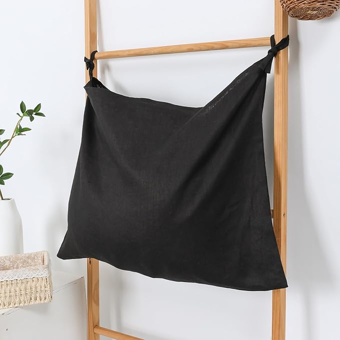 Hanging Linen Laundry Bag, 100% Pure Flax Linen Over The Door Hamper with Bottom Zipper for Laundry Room, Household Dirty Cloth Storage Organizer Bag, Black-Ruum Studio Home