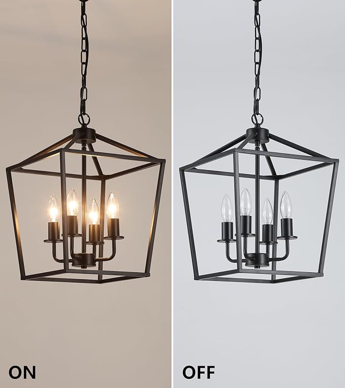 AMZASA UL Listed Black Industrial 4 Light Lantern Chandelier Ceiling Light Fixtures Farmhouse Metal Cage Rustic Geometric Pendant Light for Kitchen Island Entryway Dining Room Stairs and Hallway-Ruum Studio Home