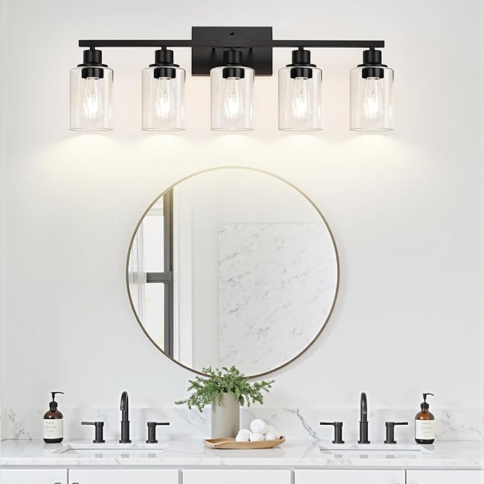 5-Light Bathroom Light Fixtures, Matte Black Modern Vanity Lights with Clear Glass Shades, Bathroom Vanity Light for Mirror Living Room Cabinet Bedroom Porch-Ruum Studio Home