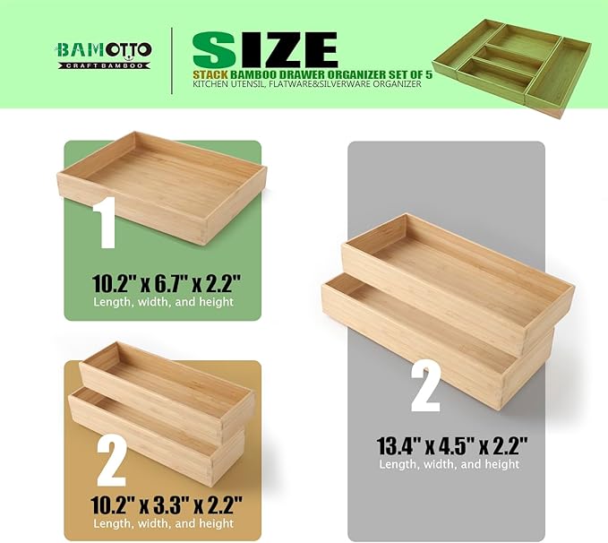 Stack Bamboo Drawer Organizer Set of 5, Kitchen Utensil, Flatware&Silverware Organizer-Wood Laminated Stackable for Kitchen, Bedroom, 13.4''x4.5''*2+10.2''x3.3''*2+10.2''x6.7''*1-Ruum Studio Home