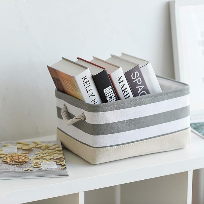 TheWarmHome Storage Basket Fabric Basket with Handles Dog Toy Basket Cloth Storage Bin Shelf Basket Decorative Storage Basket Shoe Basket Gift Basket(Grey&White Stripes-1 Pack,15.7L×11.8W×8.3H)-Ruum Studio Home