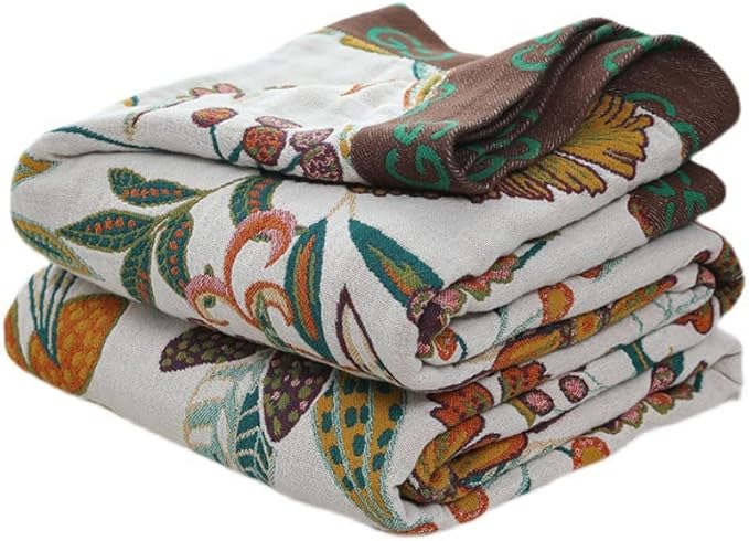 Boho Throw Blanket for Bed 60”x80”, 100% Cotton Woven Blanket for Couch Sofa, Ultra Soft 4-Layer Muslin Quilt with Floral Printed, Farmhouse Bed Blanket/Cover for Living Room Decor-Ruum Studio Home