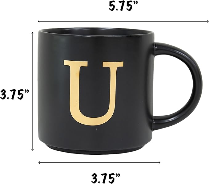 COLLECTIVE HOME - Monogram Ceramic Mugs, 15 oz Golden Initial Black Coffee Cups, Elegant Alphabet Tea Mugs, Elegant Personalized Mug with Gift Box, Unique Mug with Double Side Capital Lette (U)-Ruum Studio Home