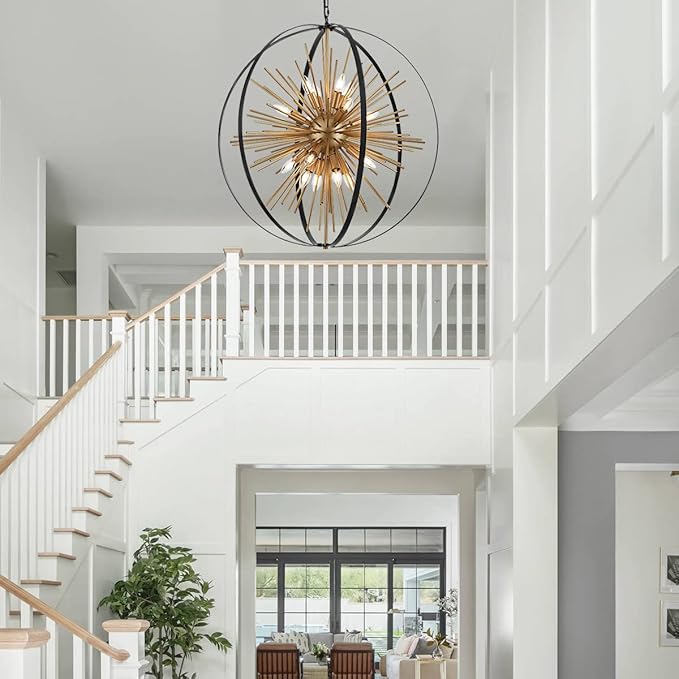 31.5" Black Gold 16-Light Globe Sputnik Chandelier Modern Industrial Adjustable Hanging Ceiling Firework Pendant Light Fixture for Entryway Foyer Stairway Bedroom Dining Living Room Hallway-Ruum Studio Home