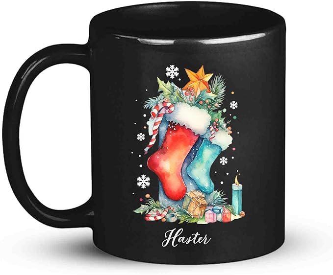 Custom Funny Christmas Cup, Christmas Sock With Gifts And Candle Design Mug, Customized Name Christmas Black Cup 11oz 15oz, Personalized Coffee Mug For Christmas, Christmas Sock Detailed Cup-Ruum Studio Home