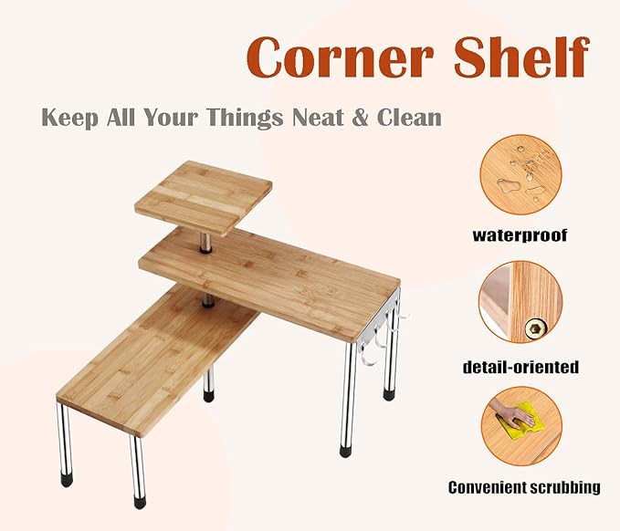 HYNAWIN Corner Shelf Bamboo & Metal Storage Spice Rack, 3 Tier Desk Bookshelf Display Shelves Space Saving Organizer, Adjustable Rack for Kitchen, Bed Room, Office-Best Home Décor (Upgraded Shelf)-Ruum Studio Home