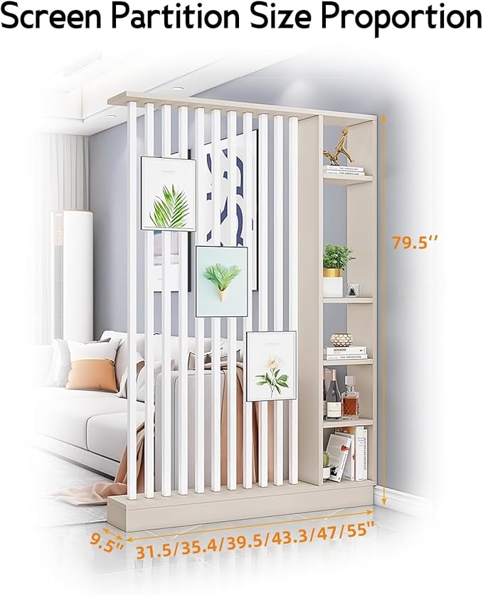 Wall Room Divider, Storage Cabinet Storage Display with Shelves, Modern Freestanding Wood Room Divider Screen, Wall Privacy Screens for Home Office Decorative (Beige+White,31.5" L x 9.5" W x 79.5" H)-Ruum Studio Home