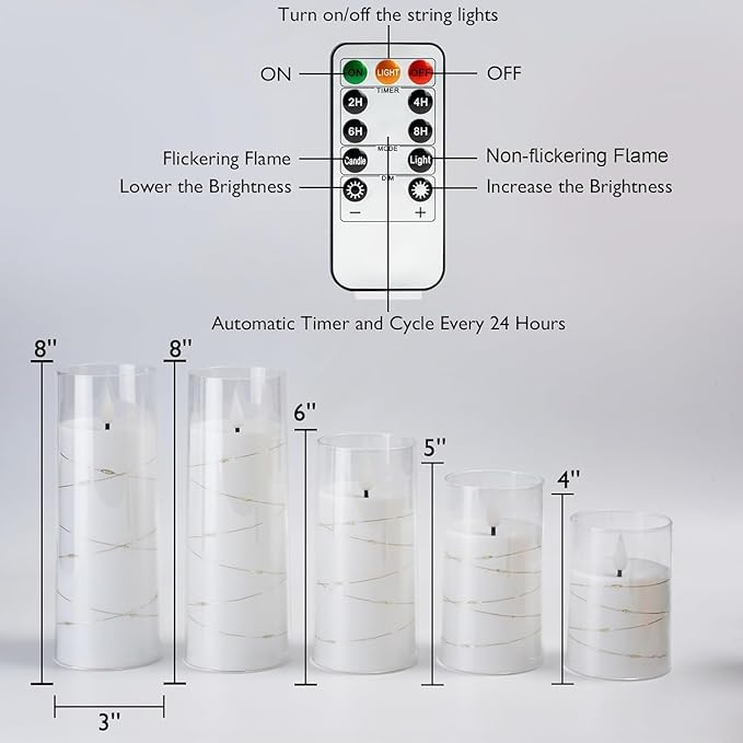 Homemory Pure White Flameless Candles with Embedded Star String Fairy Lights, Battery Operated Candle, LED Candles, Fake Candles with Remote Control and Timer, Set of 5(H4 5" 6" 8" 8")-Ruum Studio Home