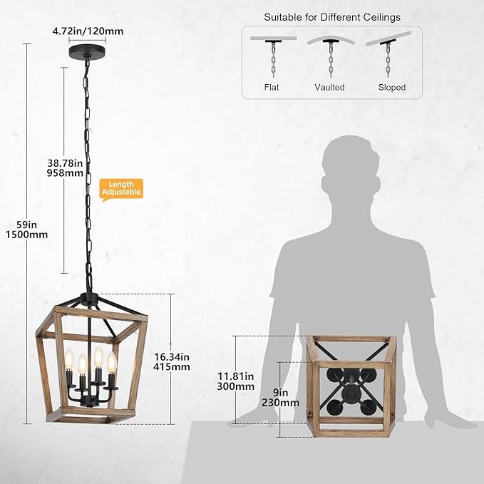 4 Light Farmhouse Chandelier, Rustic Ceiling Light Lantern Light Fixture with Wood Painted Metal Cage and Adjustable Chain, E12 Base Geometric Hanging Light Fixture for Entryway, Kitchen, Indoor-Ruum Studio Home