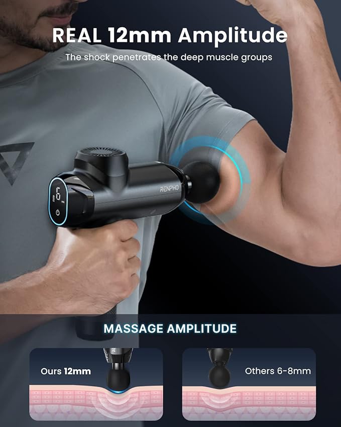 RENPHO Massage Gun Deep Tissue with 12mm Amplitude, Percussion Muscle Massage Gun, Portable Electric Handheld Massager Gun, LED Touch Display Carry Case Power-Ruum Studio Home