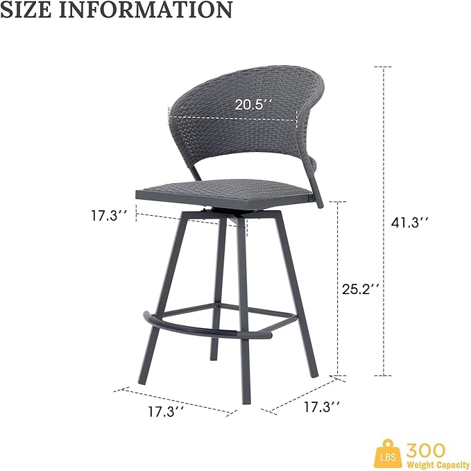 VICLLAX Patio Bar Stool Chairs with Footrests and Padded Seat, Bar Height Swivel Patio Chairs Set of 6, Woven Wicker Swivel Bar Stools for Lawn Garden, Grey-Ruum Studio Home