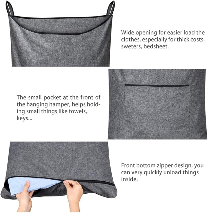 Hanging Laundry Hamper,Door Hanging Hamper with Width Opening, Over the Door Laundry bag with hooks, Laundry Collector and Over Door Storage Bag (36x22 Inch,Pop Grey)-Ruum Studio Home