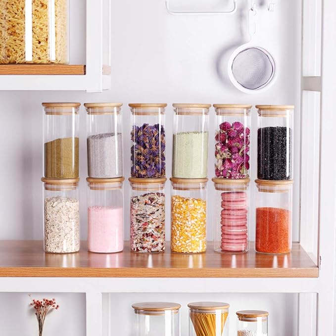 12 Pcs Glass Spice Jars - 8.5oz Empty Small Glass Bottles with Bamboo Airtight Lids and Labels - Thicken Seasoning Spice Containers for Kitchen Organization and Storage…-Ruum Studio Home