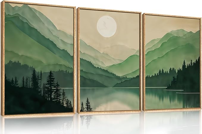 Celestdeco Watercolor Mountains Framed Canvas Wall Art Set, Boho Sun Forests Wall Decor, Green Scenery Wall Painting, Modern Woodland Artworks for Living Room, Bedroom, Dining Room, Office - 16"x24"x3-Ruum Studio Home