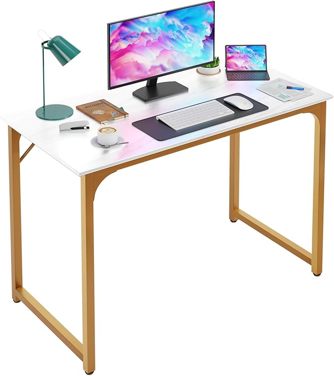 PayLessHere | 39 Inch Computer Desk | White Gold | Office Desk with Metal Frame, Adjustable Feet | Water-Resistant, Scratchproof Surface | Sturdy Writing Table for Home Office or Study | Pack of 1-Ruum Studio Home