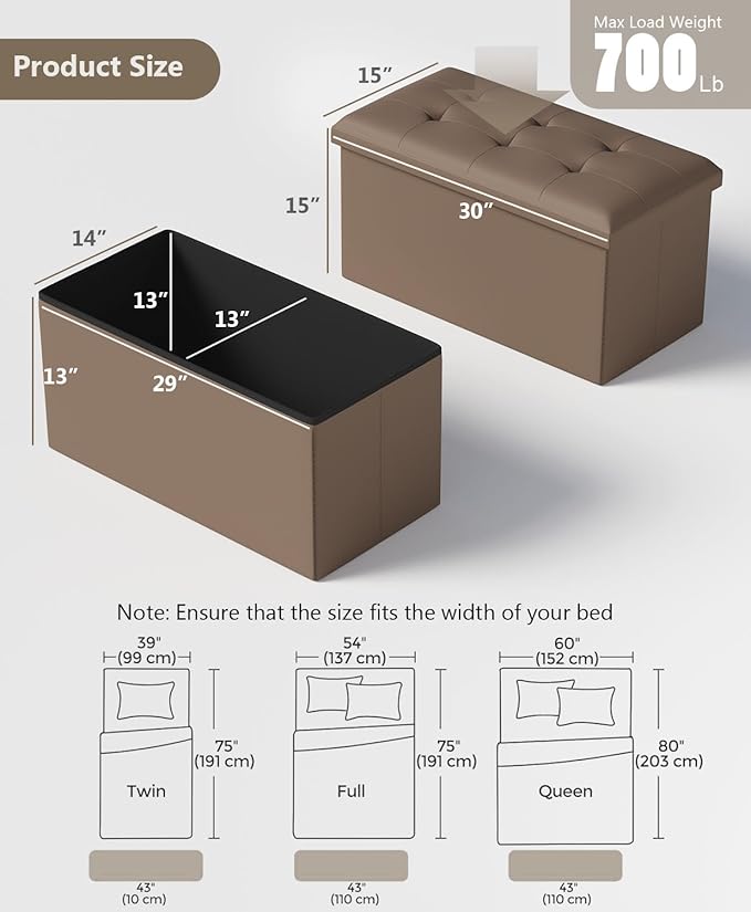 Storage Ottoman Bench, Folding Ottoman Foot Rest, 15 x 30 x 15 Inches, End of Bed Bench,Storage Chest, for Living Room, Bedroom, Hallway, Entryway, Brown-Ruum Studio Home