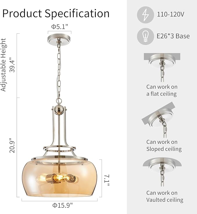 WUZUPS Nickel Chandelier Rustic Farmhouse Industrial Round Ceiling Pendant LED Light Fixture with Amber Glass Shade for Dining Room Kitchen Island Foyer Entryway, H 20.9" W 15.9", E26 Base-Ruum Studio Home