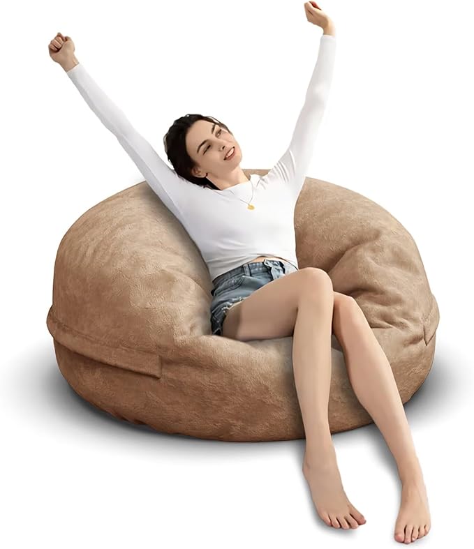 Bean Bag Chair for Adults 3FT,Soft Removable Cover for Teens/Girls Bedroom,Fluffy Giant Round Floor Beanbag Lounger Chairs (No Filler,Tan)-Ruum Studio Home