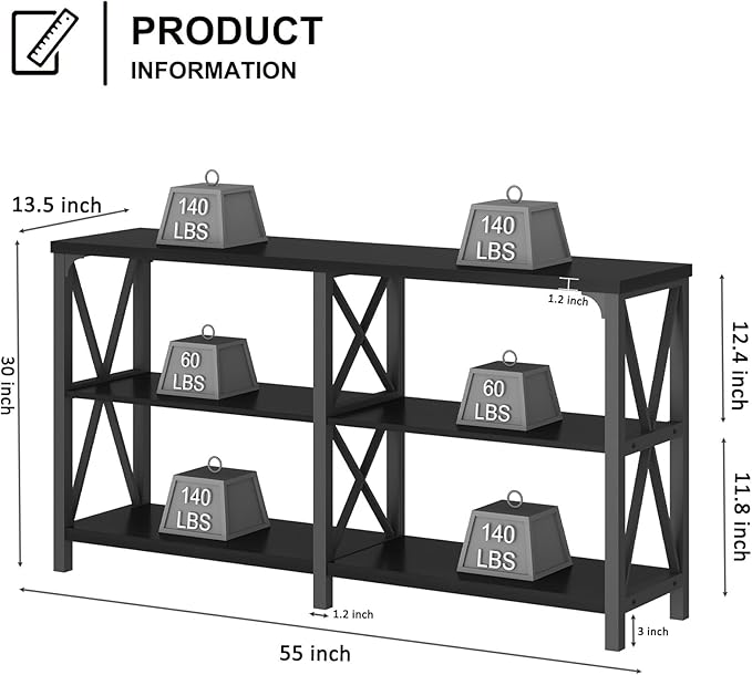 LVB Black Console Table, Modern Entryway Table with 3 Tier Storage Shelves, Industrial Sofa Table Behind Couch for Living Room, Farmhouse Wood Metal Entry Table for Hallway Foyer, Black Oak, 55 Inch-Ruum Studio Home