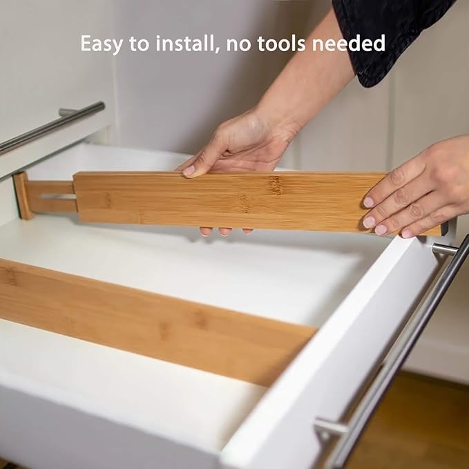 Fabsome Drawer Divider 6 Pack, Bamboo Kitchen Dividers Organizers Adjustable 17''-22'', Wooden Dresser Separators for Nursery Organization Clothes Socks Underwear Baby Clothing, with Soft Foam Ends-Ruum Studio Home