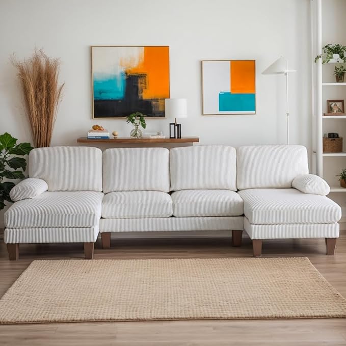 Karl home U-Shape Sectional Sofa Couch 111" Modern 4-Seat Sofa with Chaises Corduroy Fabric Upholstered Covertible Couch with Wood Grain Legs for Living Room, Reception Room, Apartment, Beige-Ruum Studio Home