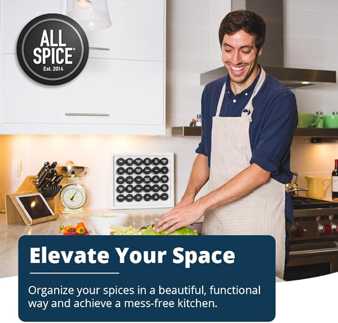 AllSpice Spice Rack Organizer, Wood, 525 Unique Labels, Countertop or Wall Mount, Includes 60 4oz Jars- Matte White-Ruum Studio Home
