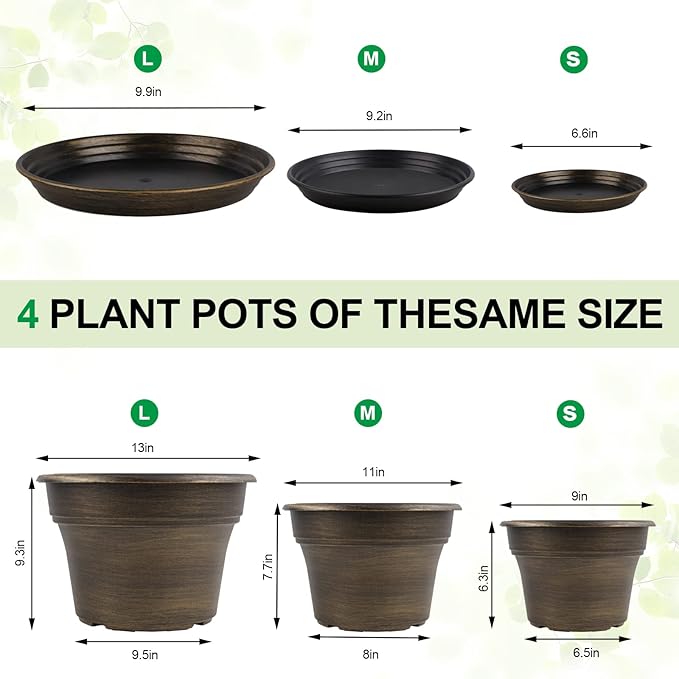 Plant Planters Pots Set of 4 Pack 9 Inch, Plastic Flower Pot for Indoor Plants with Drainage Holes & Trays, Resin Decorative Container Sets with Saucer for House Outdoor Garden Planters Dark Gold-Ruum Studio Home