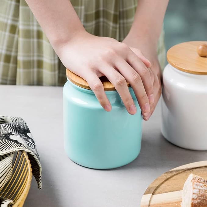 Sweejar Ceramic Kitchen Canisters, 28 FLOZ Porcelain Food Storage Jar with Airtight Seal Wooden Lid, Home Container Serving for Coffee Beans, Tea-leave, Sugar, Salt, Tool Bucket (Turquoise)-Ruum Studio Home