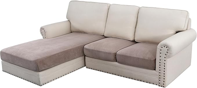 H.VERSAILTEX Velvet Stretch Sectional Sofa Covers - 3 Pieces, L-Shaped Chaise, Taupe Striped-Ruum Studio Home