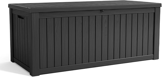 Vixzen 150 Gallon Resin Deck Box, Lockable Outdoor Storage Box for Patio Cushions Storage Furniture,Garden Tools, Pool Supplies, Weatherproof and UV Resistant- Black-Ruum Studio Home