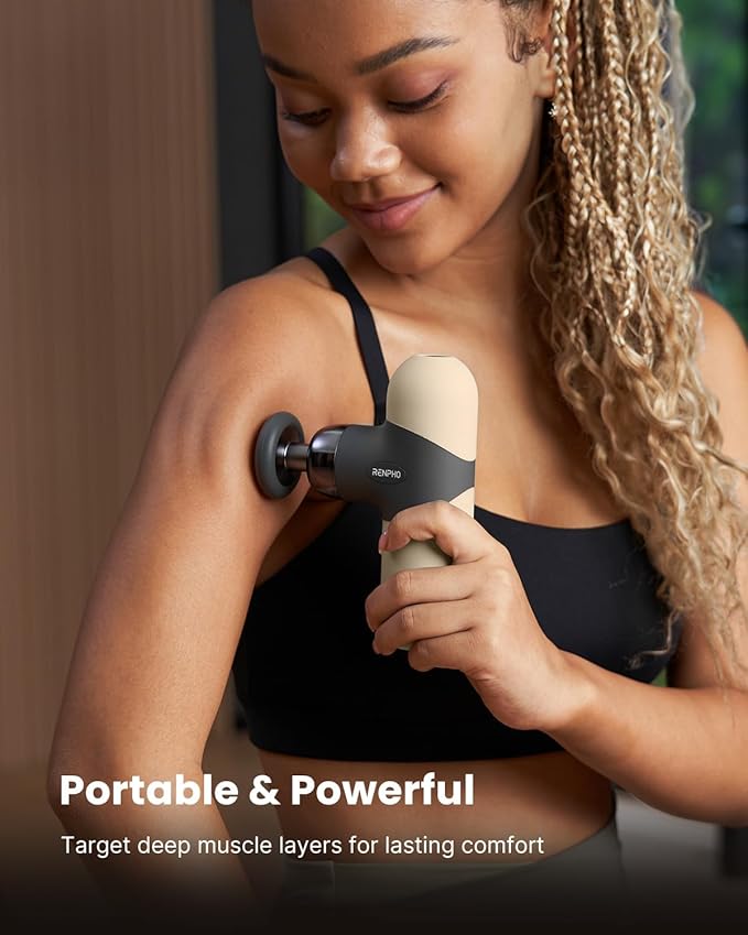 RENPHO Mini Thermal Massage Gun with Heat, Portable Deep Tissue Percussion Massager, Color Silicone Sleeves Travel Size with Carry Case, Grey-Ruum Studio Home