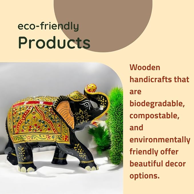Handcrafted Wooden Elephant Figurine – Traditional Artwork, Gold & Gemstone Embellishments – Lucky Decorative Elephant Statue for Prosperity | Beautiful Elefantes Decorativos para Sala (Black & Gold)-Ruum Studio Home