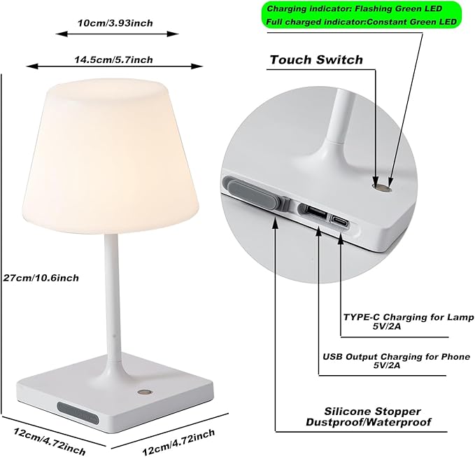 Cordless Table lamp, Outdoor Battery Operated Rechargeable Desk lamp,Waterproof Shower Lamp,4000mAh LED 3 Colors Small Wireless lamp for Kitchen Counter -White-Ruum Studio Home