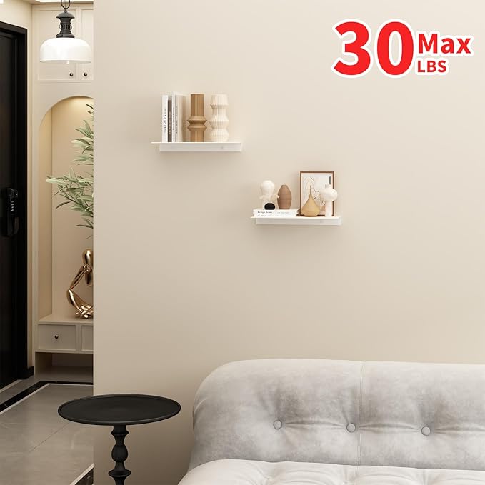 JOOM White Floating Shelves for Wall Storage, Metal Wall Shelves for Living Room, Bathroom, Kitchen, 12” Small Display Shelves for Collectibles(2 PCS)-Ruum Studio Home