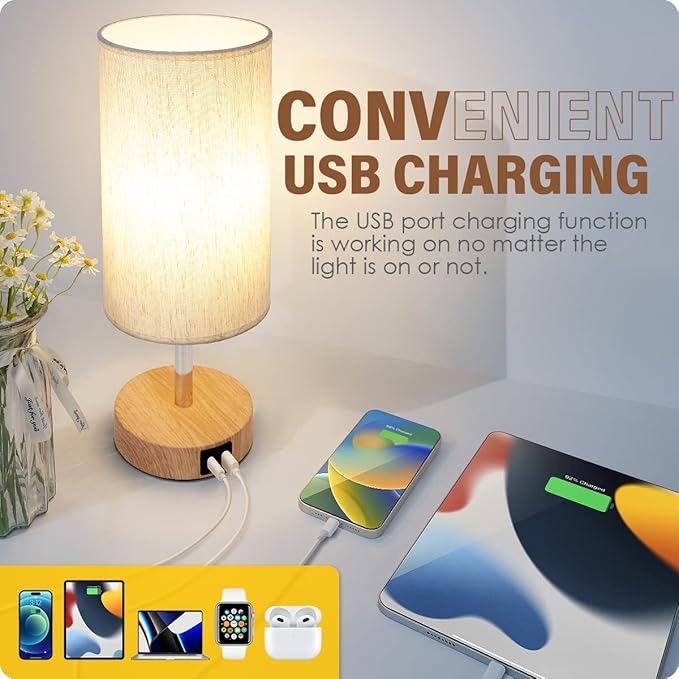 Yarra-Decor Bedside Lamp with USB A+C Port - Touch Control Table Lamp for Bedroom Wood 3 Way Dimmable Nightstand Lamp with Round Flaxen Fabric Shade for Home Office (LED Bulb Included)-Ruum Studio Home