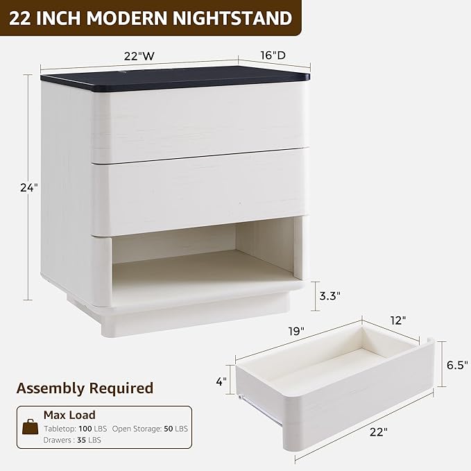 Nightstand with Charging Station, 22" Push-to-Open Bedside Table with 2 Storage Drawers, Large Modern End Table for Bedroom,Living Room,White-Ruum Studio Home