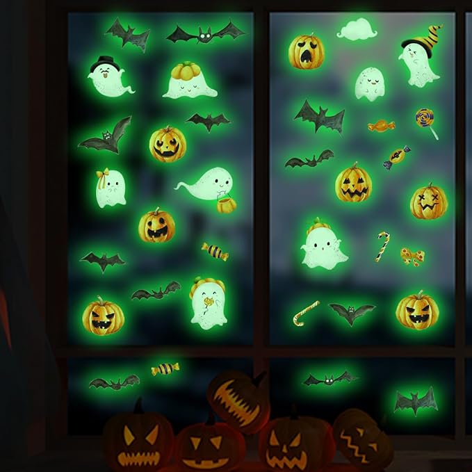 clothmile 3 Sheets Glow in The Dark Halloween Window Clings Luminous Halloween Window Stickers Removable Pumpkin Ghost Bat Wall Decor Glowing Window Clings for Scary Halloween Theme Party Decorations-Ruum Studio Home