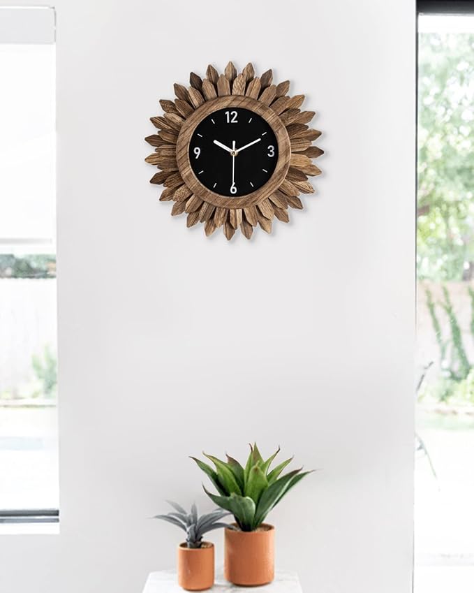 Honiway Wall Clock Battery Operated 12 in Rustic Wood Boho Sunburst Decorative Wall Clock Silent Non Ticking Farmhouse Small Wall Clocks for Living Room Kitchen Bathroom Bedroom Decor (Rustic Brown)-Ruum Studio Home