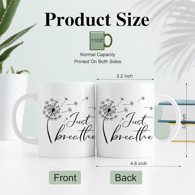 RZHV Just Breathe 11 Oz Novelty Mug, Funny Dandelion Coffee Mug for Floral Lover, Calming Gifts for Yoga Lover, Meditation Mental Health Gifts for Women-Ruum Studio Home