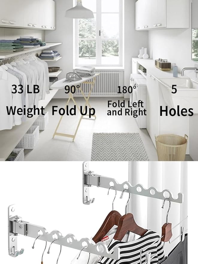 Dr.DJ Wall Hanger for Clothes, Coat Hanger Wall Mounted Silver Retractable Clothes Drying Organizer Rack Garment Hooks Aluminium Folding Indoor Space Save (2 Racks) Silver-Ruum Studio Home