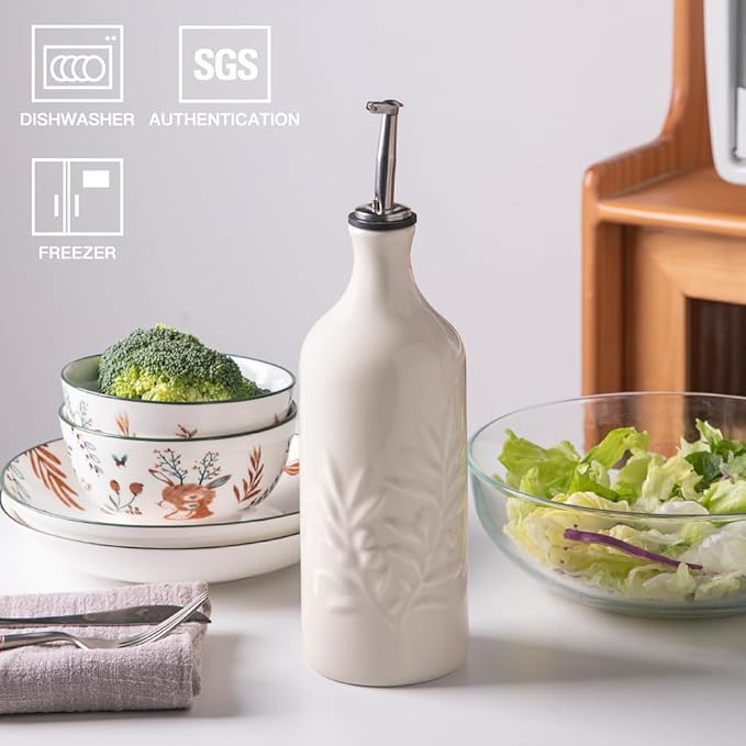 Sweejar Ceramic Olive Oil Dispenser Bottle, 20 Oz Relief Opaque Oil Cruet Protects Oil To Reduce Oxidation, Suitable for Storage Oil, Vinegar, Soy Sauce, Coffee Syrup, Liquids, Set of 1 (Beige)-Ruum Studio Home