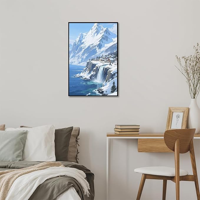 Winter lakeside town and snowy scenery merge together to form a landscape poster wall art suitable for living room bedroom and office-Ruum Studio Home