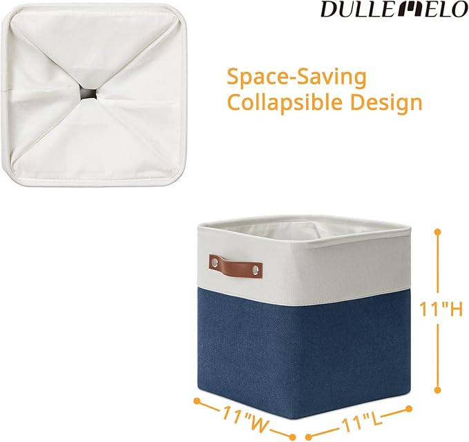 DULLEMELO [Set of 4 Storage Cubes Baskets for Organizing, 11 x 11 x 11 inch Cube Storage Organizer Bins with Leather Handles, Foldable Fabric Cloth Bins for Cube Storage(4 Pack - 11" White&Blue)-Ruum Studio Home