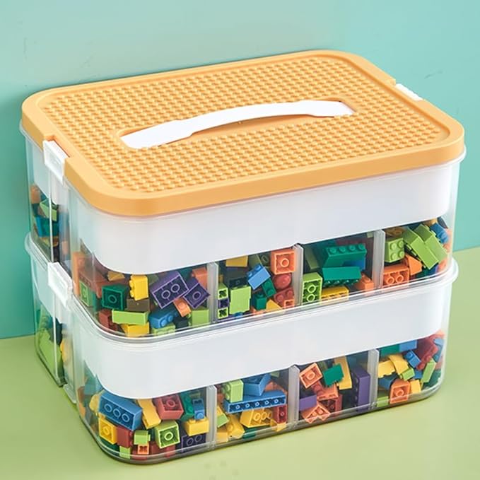 Toys Organizer Storage Case for Lego Box Kids Toy Stackable Building Blocks with Lids Bins Adjustable Lego Storage Containers Plastic Toy Box 2 Layer (Lemon)-Ruum Studio Home