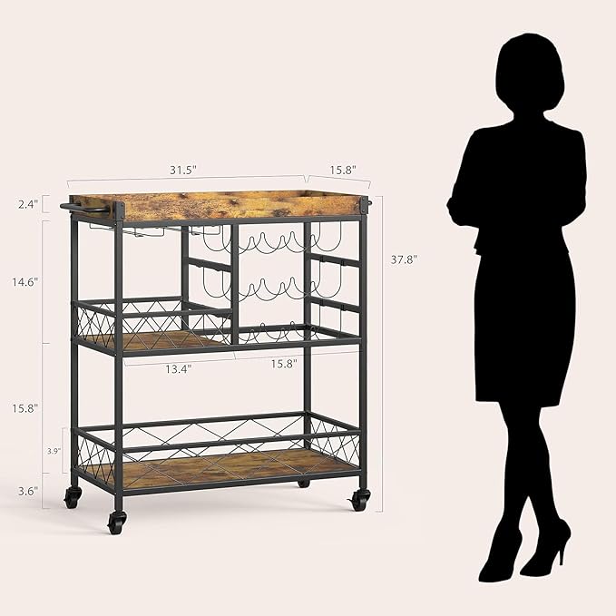 Gizoon Bar Cart, 3 Tier Coffee Cart with Lockable Wheels, 12-Bottle Wine Rack, and Hanging Glass Holder, Kitchen Rack with Removable Tray, for Kitchen, Dining Room, Entertaining, Club Party,Retro-Ruum Studio Home