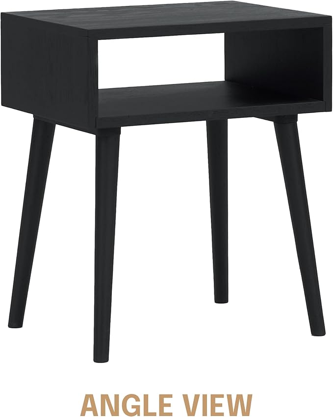 NTC Solid Oak Zoe Nightstand, Mid Century Modern Side Table Bedroom, Bedside Furniture, Night Stand, End Table, Easy Assembly - Burnt Black-Ruum Studio Home